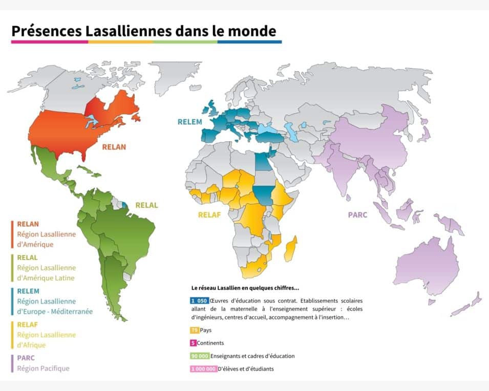 Carte des présences Lasalliennes dans le monde — réseau éducatif dont fait partie le Collège Pic La Salle Béziers